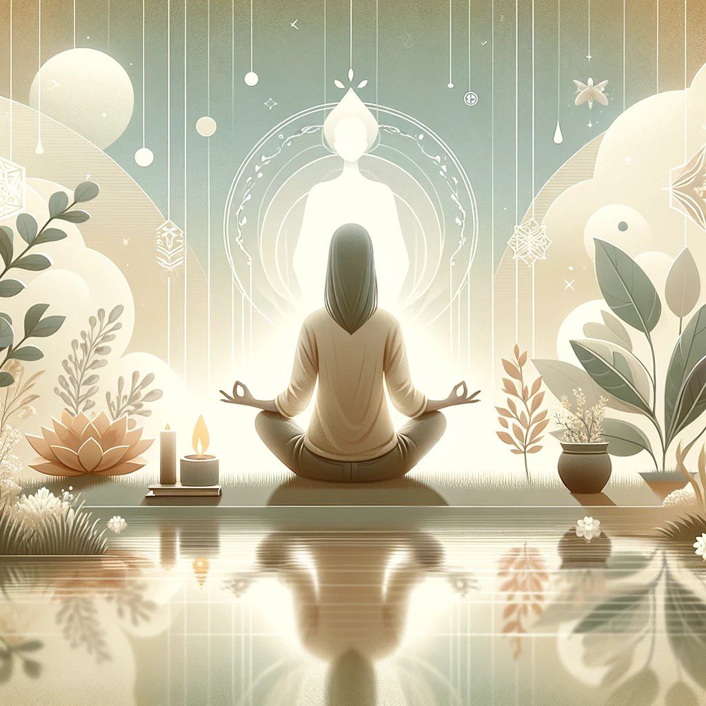 A character in a meditative pose, surrounded by symbols of tranquility such as soft light, gentle water, and calming nature elements. 