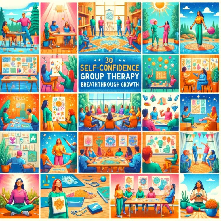 A set of illustrations depicting individuals participating in self confidence group therapy activities.