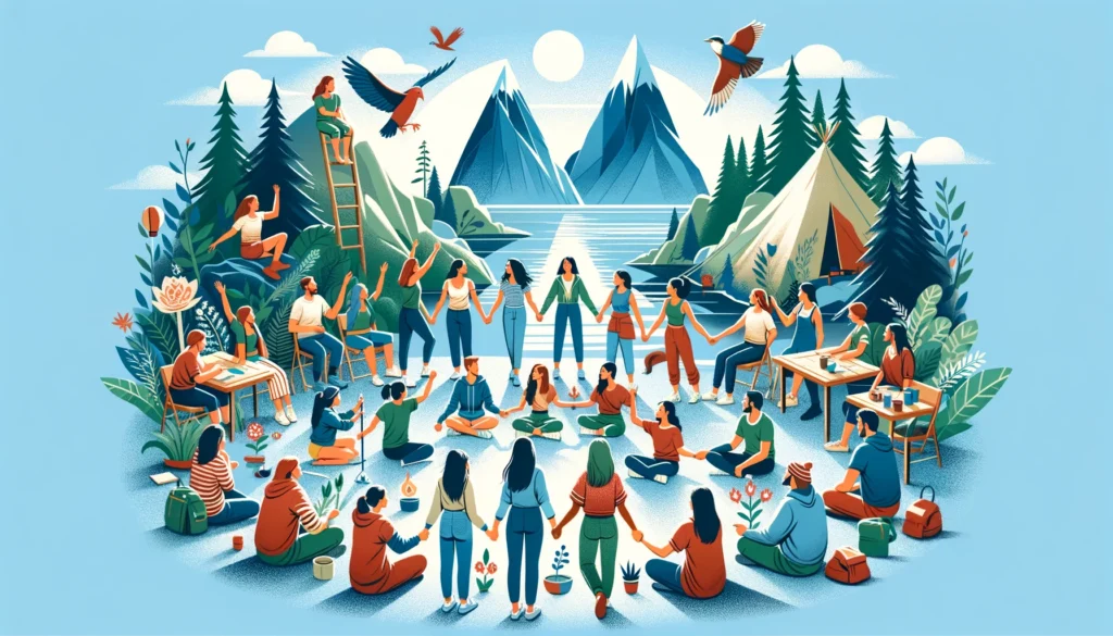 Illustration of people in a circle around a lake used as Confidence Building Camps for Adults.