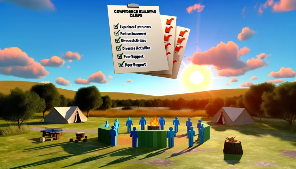 A checklist floating above a serene camp setting, with each item representing key criteria for choosing camps.