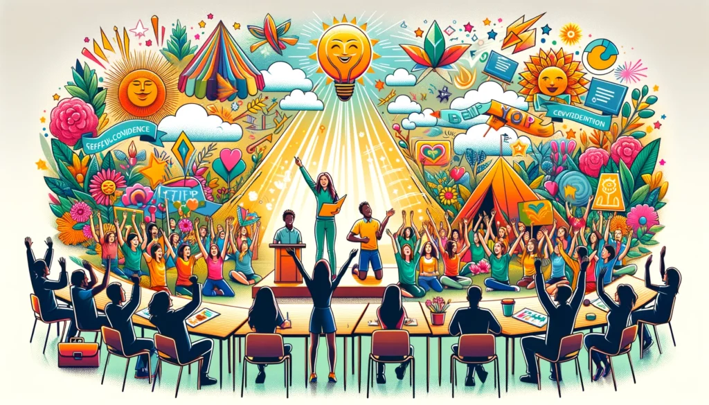 An illustration of a group of people in a classroom with a screen showing people in a camp site.