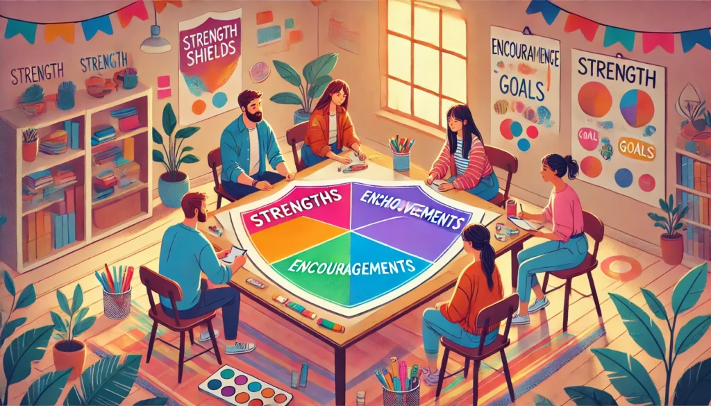 Six people gather around a colorful table divided into strengths, achievements, and encouragements, engaging in self-esteem group therapy activities designed to boost self-esteem and build confidence.