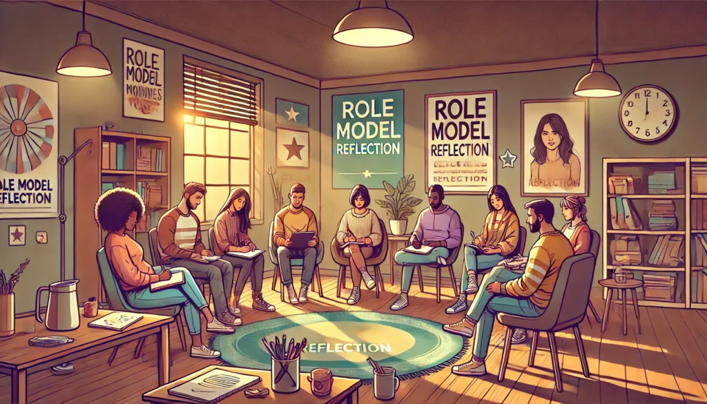 A diverse group sits in a circle in a warmly lit room, engaging in self-esteem group therapy activities. Posters on the walls read "ROLE MODEL REFLECTION," setting the tone for their empowering discussion.