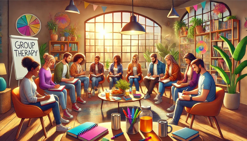 A group of people sits in a circle during a self-esteem group therapy session in a bright room adorned with plants and bookshelves. A sign reads "GROUP THERAPY," as activities designed to build confidence boost their spirits.