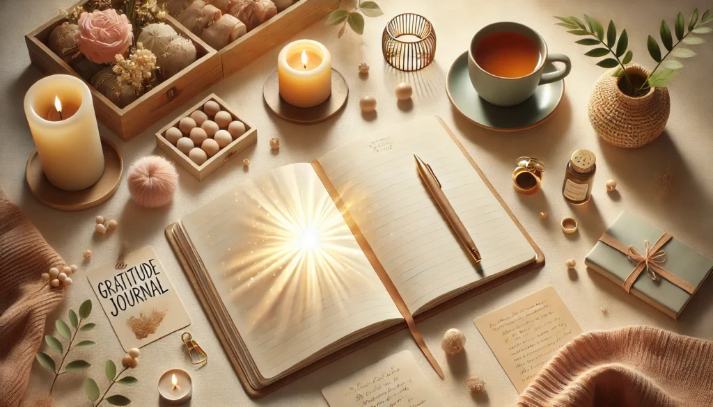 An open journal with a glowing light, surrounded by candles, a cup of tea, a wooden box, flowers, and small decorative items on a table.