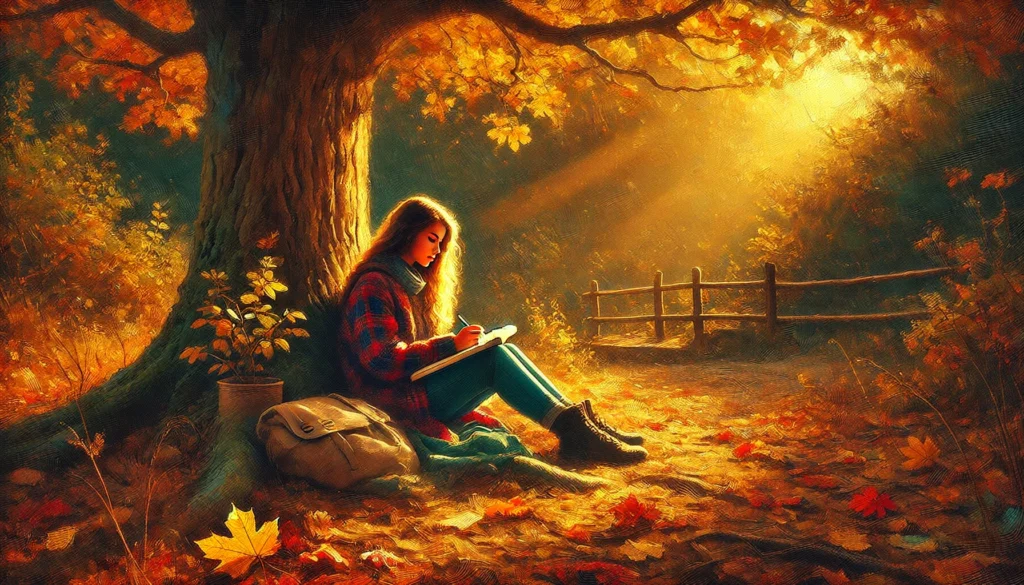 A person sits under a tree, writing in a notebook, surrounded by autumn leaves with sunlight filtering through the branches.