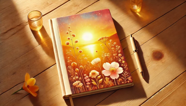 A journal with a floral and sunset-themed cover sits on a wooden table, accompanied by a gold pen and a small yellow flower.