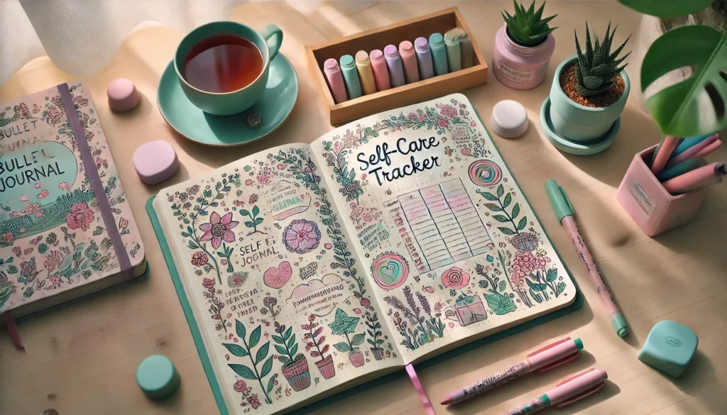 Open journal for bullet journaling with self-care tracker and floral designs on a wooden table, surrounded by pens, a cup of tea, and potted plants.