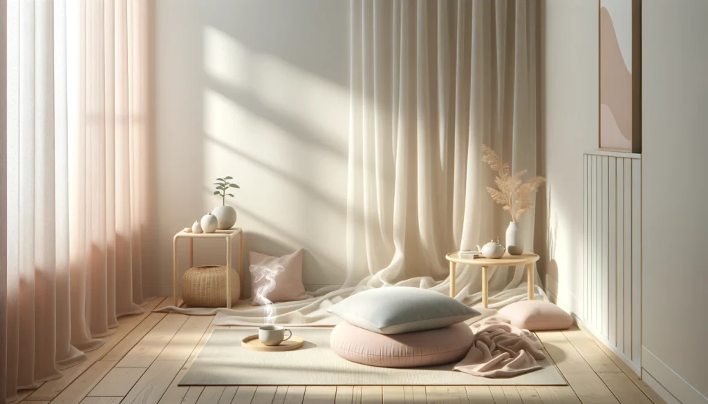 Sunlit minimal room with soft, neutral tones. Floor cushions, tea on a tray, small tables with decor, and sheer curtains create a serene atmosphere for mindful living.