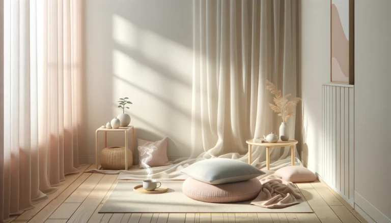 Sunlit minimal room with soft, neutral tones. Floor cushions, tea on a tray, small tables with decor, and sheer curtains create a serene atmosphere.