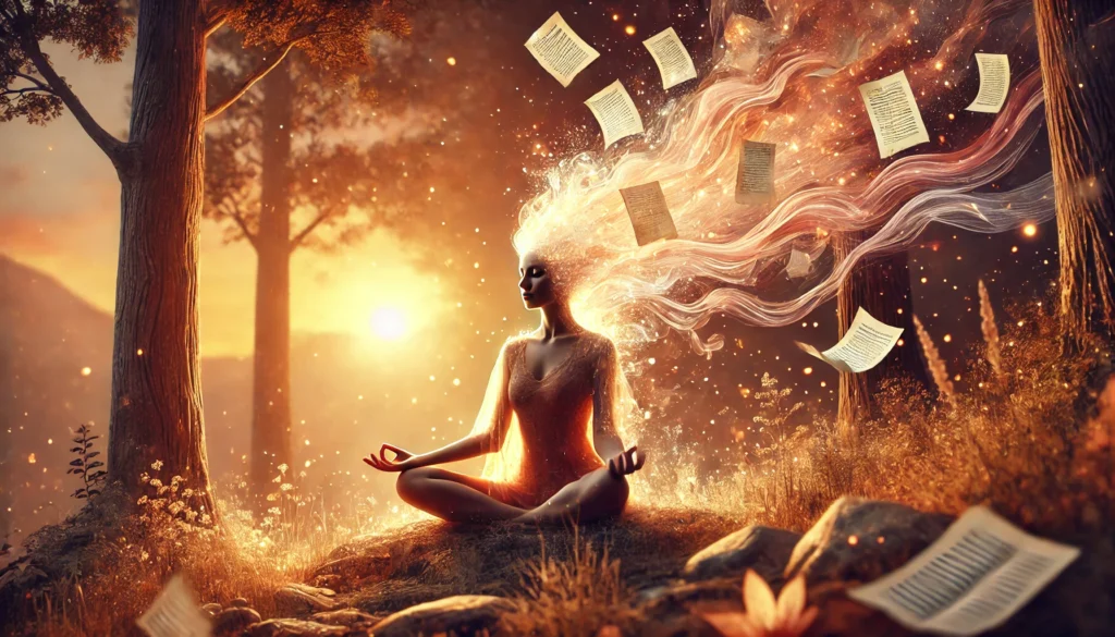 A person meditates outdoors at sunset, surrounded by floating papers. Their hair transforms into a stream of luminescent energy.