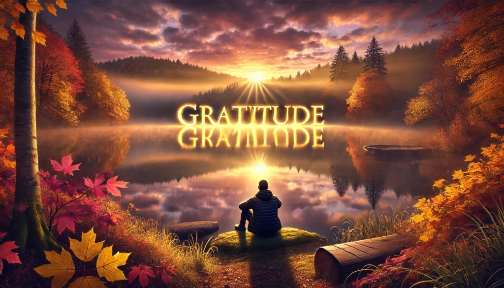 A person sits by a serene lake surrounded by autumn foliage, with the word "GRATITUDE" reflected in the water, under a vibrant sunset sky.