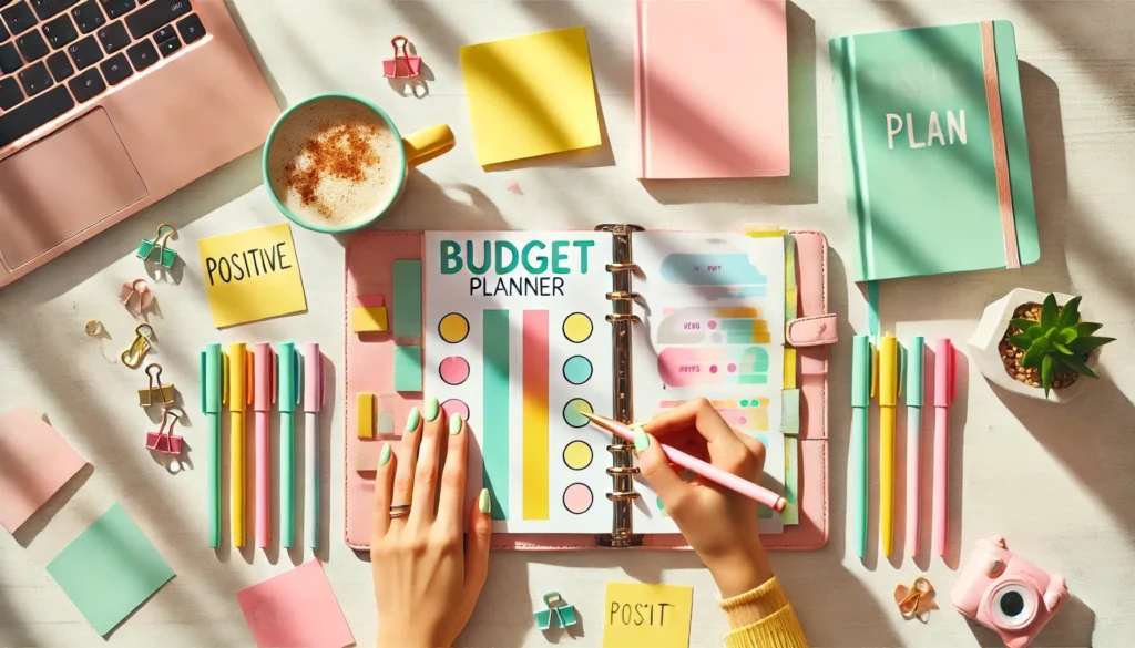 Open budget planner on a table with colorful pens, sticky notes, a laptop, and a coffee cup. Hands diligently writing in the planner, surrounded by bright, organized office supplies—a perfect scene for practicing financial self-care.