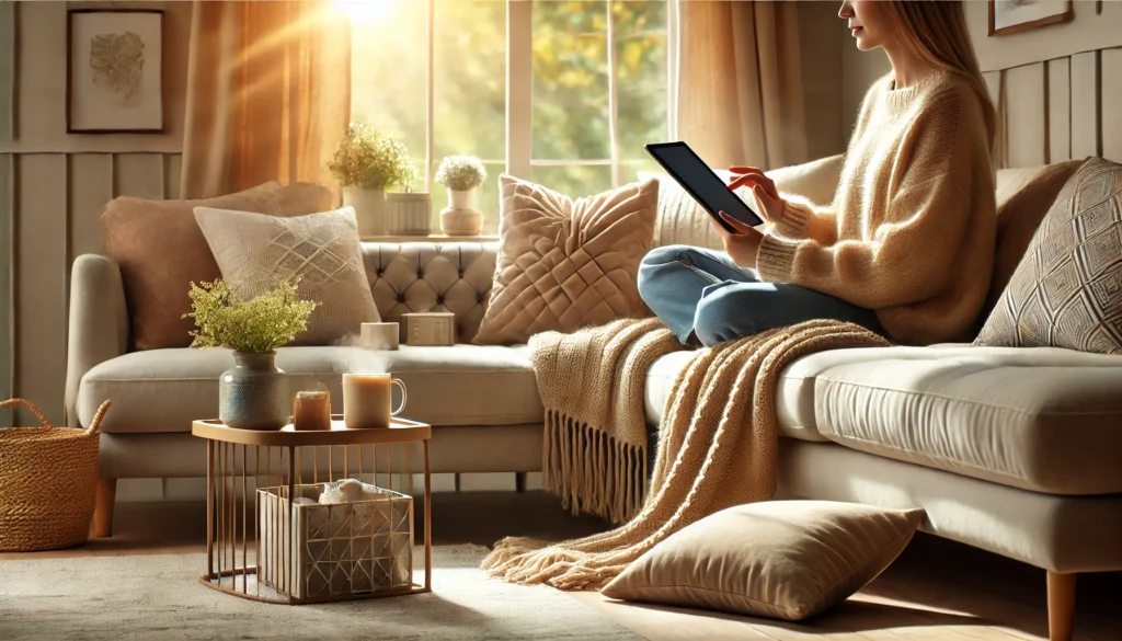 A person in a sweater sits on a cozy couch, practicing financial self-care by exploring budgeting apps on their tablet. The room, bathed in soft lighting, features decorative pillows and a small table with candles and a basket. Sunlight streams through the window, adding warmth to the scene.