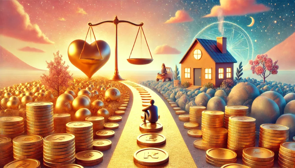 A surreal landscape unfolds with a path lined with coins, leading to a house. A person meditates in the middle, practicing financial self-care. A heart, scales, and trees surround the scene under a celestial sky.