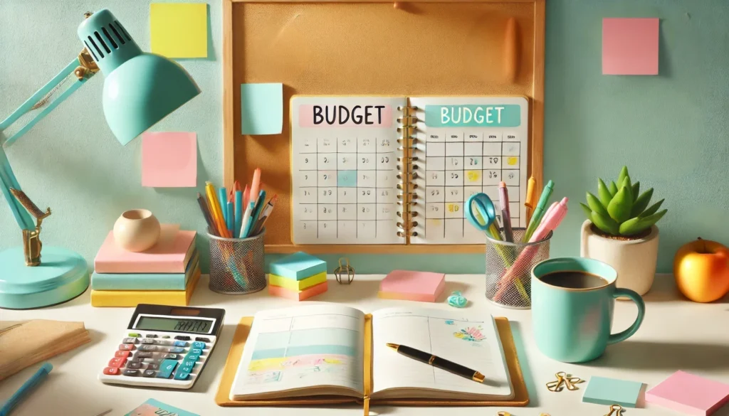 A desk equipped for financial wellness, featuring budget planners, a calendar, stationery, lamp, calculator, sticky notes, and a comforting mug—everything you need to keep your mental health balanced while managing finances.