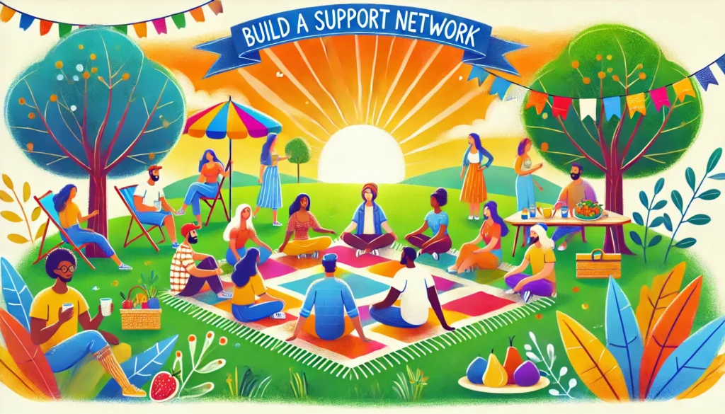 A diverse group of people sit in a circle on a checkered blanket in a park, beneath a "Build a Support Network" banner. With the sun setting behind them, they discuss financial wellness and mental health, fostering connections and understanding in their community.