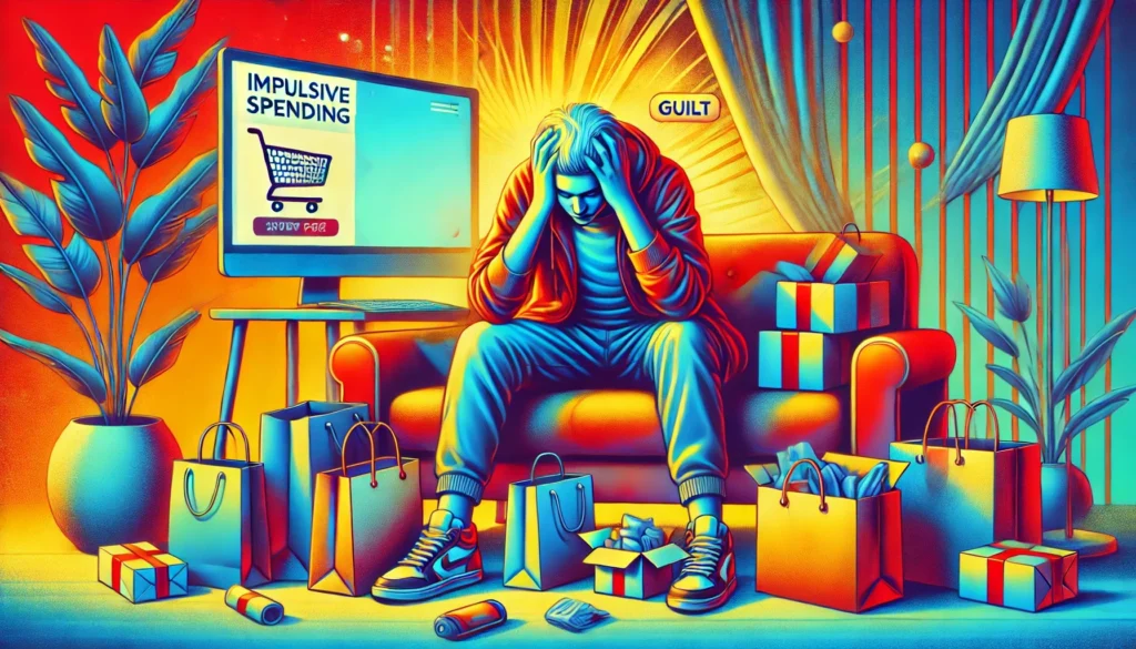 A person sits on a couch surrounded by shopping bags and gift boxes, looking distressed. A screen titled "Impulsive Spending" displays a cart, with "Guilt" hovering above their head, highlighting the impact of impulsive spending on financial wellness and mental health.