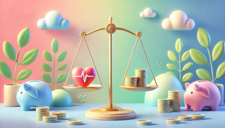 A balance scale with a heart on one side and coins on the other, enveloped by piggy banks and flourishing plants, symbolizes financial wellness versus mental health.