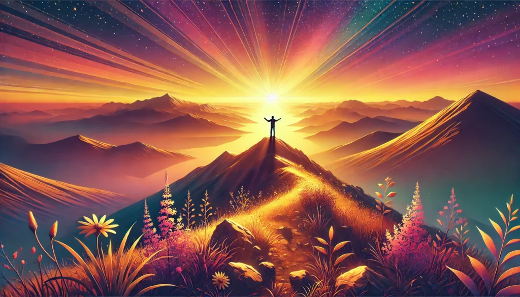 A person stands on a mountain peak at sunrise, surrounded by vibrant wildflowers and rolling hills, embracing a sense of financial wellness. Radiant light beams stretch across the colorful sky, enhancing mental health and a profound connection to nature's beauty.