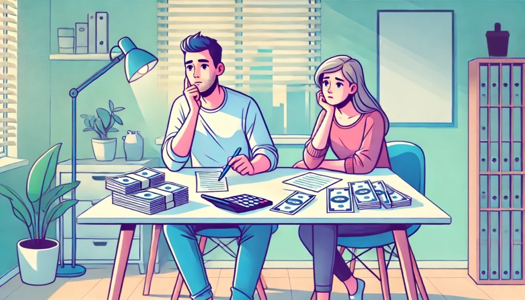 A worried couple sits at a table under the glow of a desk lamp, surrounded by stacks of money, financial documents, and a calculator, embodying the weight of financial stress.