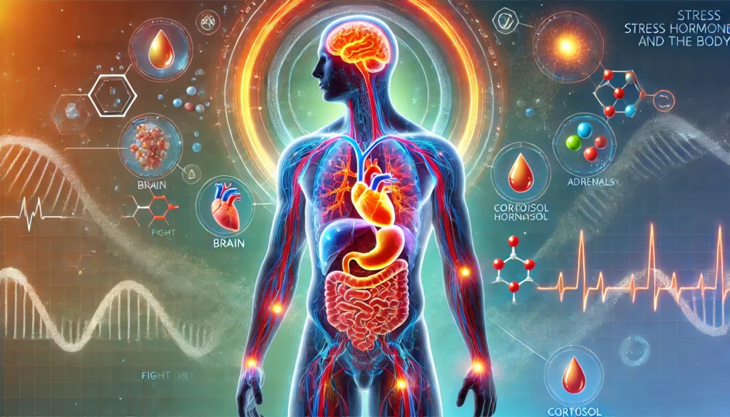 Illustration of a human body highlighting the brain, heart, and digestive system. Surrounding elements show stress-related icons, financial stress symbols, hormones, DNA strands, and molecular structures.