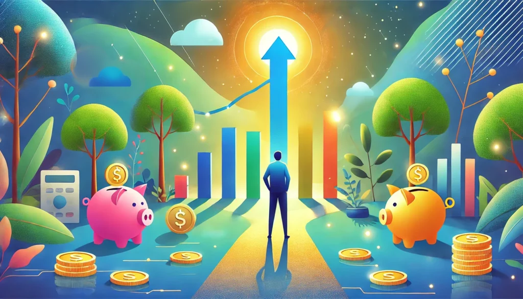 A person, feeling financial stress, faces an upward arrow surrounded by bar graphs, trees, and piggy banks, symbolizing financial growth. Coin stacks and dollar signs are scattered throughout the vibrant landscape.