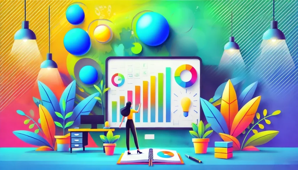 A person stands in front of a large screen displaying colorful graphs and charts, perhaps analyzing financial stress. Surrounding them are plants, books, and a desk set against a vibrant, abstract background.