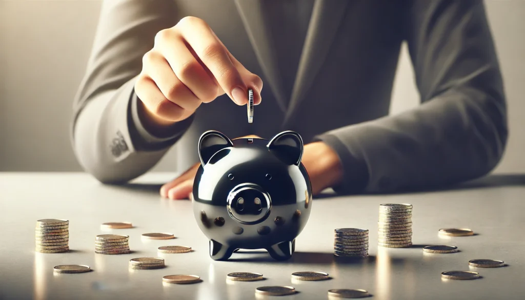 A person in a suit places a coin into a black piggy bank on a table surrounded by stacks of coins, symbolizing their journey toward financial stability.