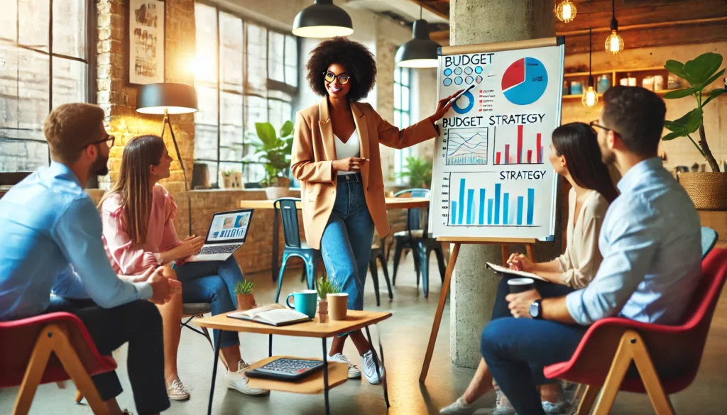 A woman presents budget and strategy charts highlighting financial stability on a flipchart to four seated colleagues in a modern office setting.