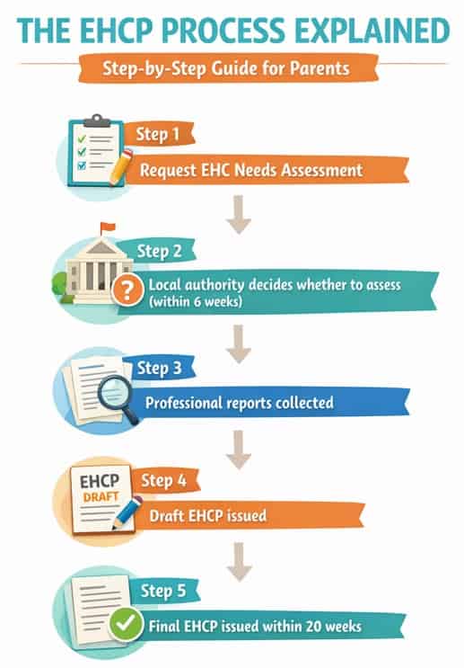 Infographic detailing the EHCP process for parents in five steps, from EHCP application and requesting an EHC needs assessment to issuing the final plan within 20 weeks. EHCP explained clearly for families navigating each stage.