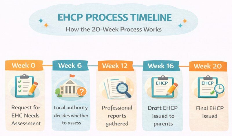 Timeline infographic illustrating the 20-week EHCP timeline: request at week 0, EHC needs assessment decision at week 6, reports by week 12, draft EHCP at week 16, and final plan issued at week 20.