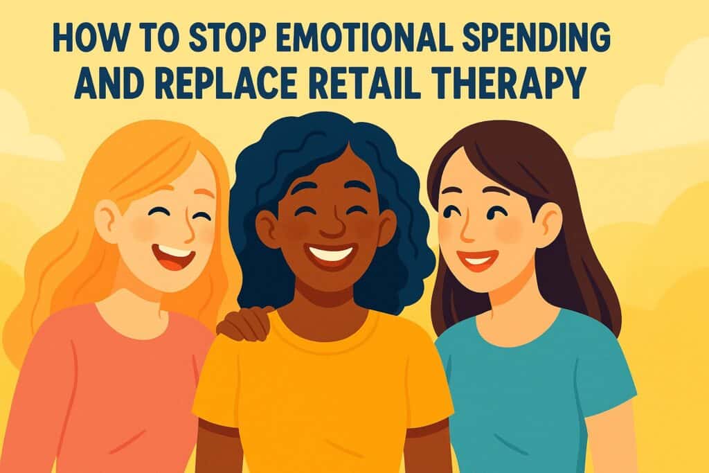 Illustration of three women smiling together with the text "How to Stop Emotional Spending and Replace Retail Therapy" above them on a yellow background, highlighting steps to start your financial wellness journey.