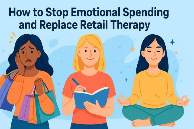 Three women are shown: one looking sad holding shopping bags, one writing in a notebook, and one meditating. Text reads, "How to Stop Emotional Spending and begin your financial wellness journey.