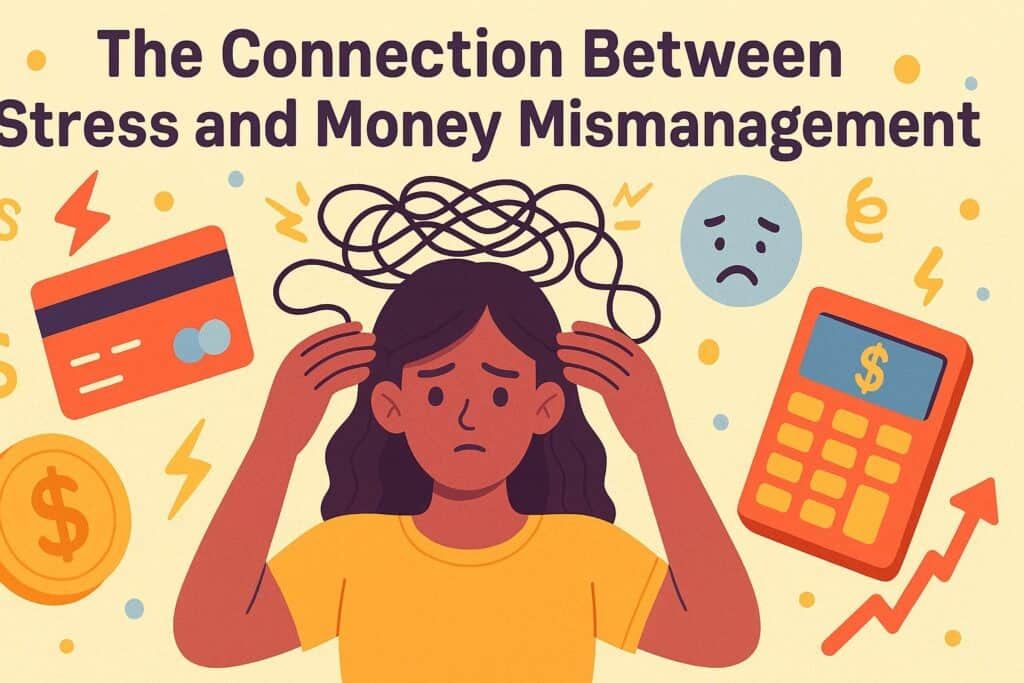Illustration of a stressed person surrounded by a credit card, calculator, sad face, and money symbols, highlighting the link between emotional spending and money mismanagement on your financial wellness journey.