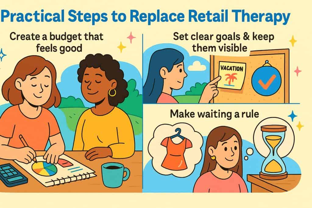 An illustrated guide on how to replace retail therapy: create a budget, set visible goals, and make waiting before purchases a rule—essential steps to stop emotional spending and begin your financial wellness journey.