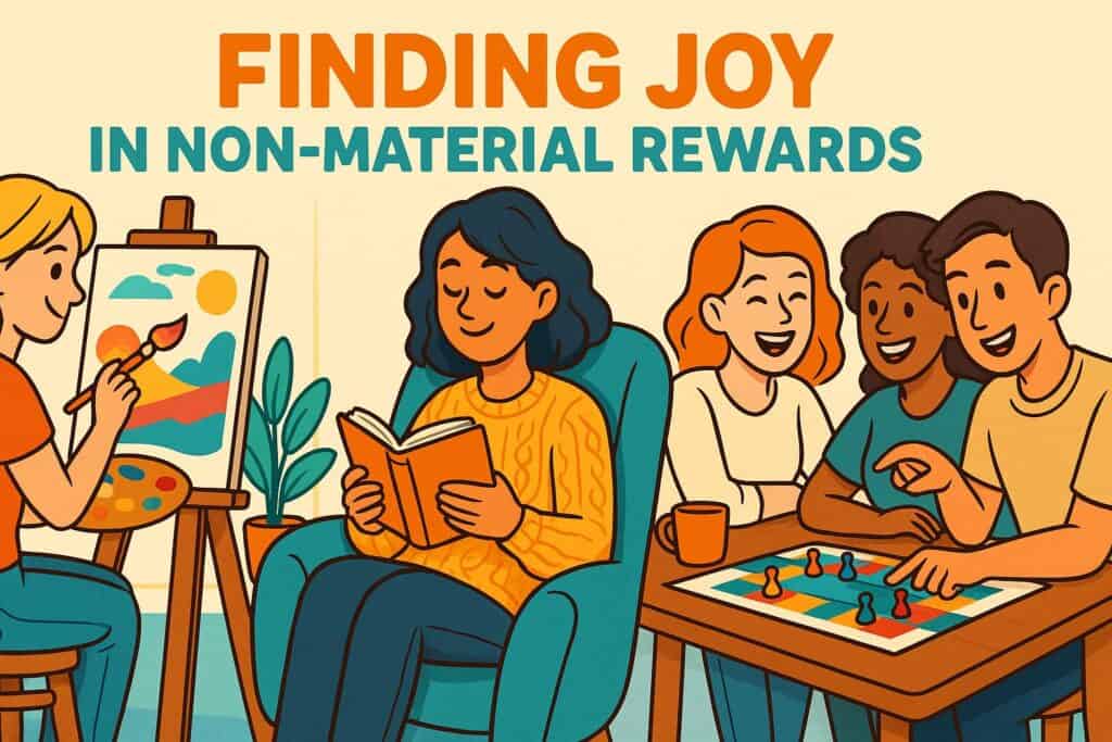 Illustration of people enjoying activities like painting, reading, and playing board games with the heading, "Finding Joy in Non-Material Rewards—an important step in your financial wellness journey.