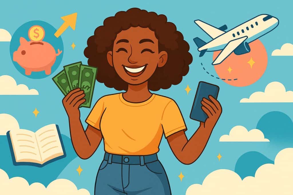 Smiling person holding cash and a phone, with icons of a piggy bank, airplane, book, and upward arrow in the background, highlighting financial success and a commitment to stop emotional spending on their financial wellness journey.