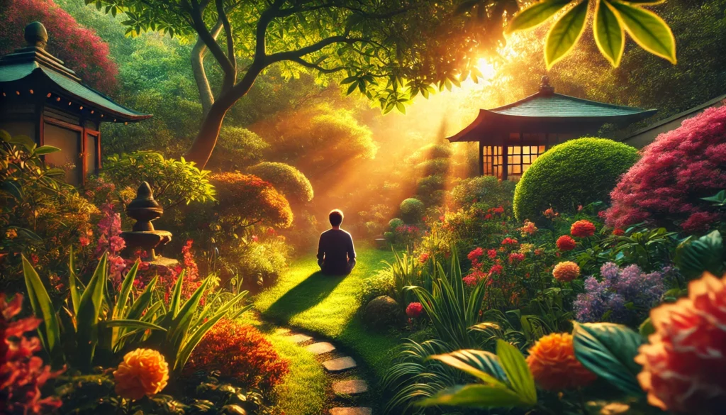 In a vibrant, sunlit garden filled with colorful flowers, trees, and traditional pagodas, a person reflects on what to do when you feel lost. Sun rays gently filter through the foliage, offering warmth and clarity amid nature's embrace.