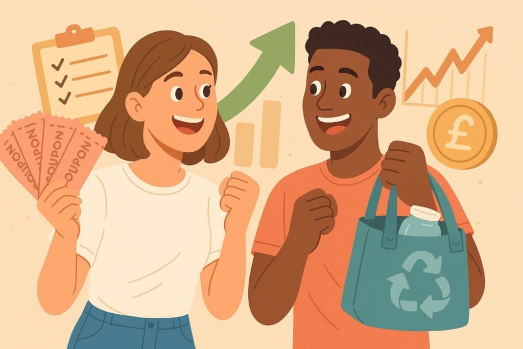Two people smiling; one shares extreme frugality tips while holding coupons and a clipboard, the other carries a tote bag with a recycling symbol. Background features graphs, a pound coin, and an upward trending arrow.