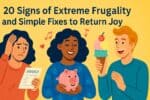 Three people: one worried with an invoice, one smiling with a piggy bank, and one happy with an ice cream cone. Text reads "20 Signs of Extreme Frugality and Simple Fixes to Return Joy"—discover key signs of extreme frugality and how to find balance.