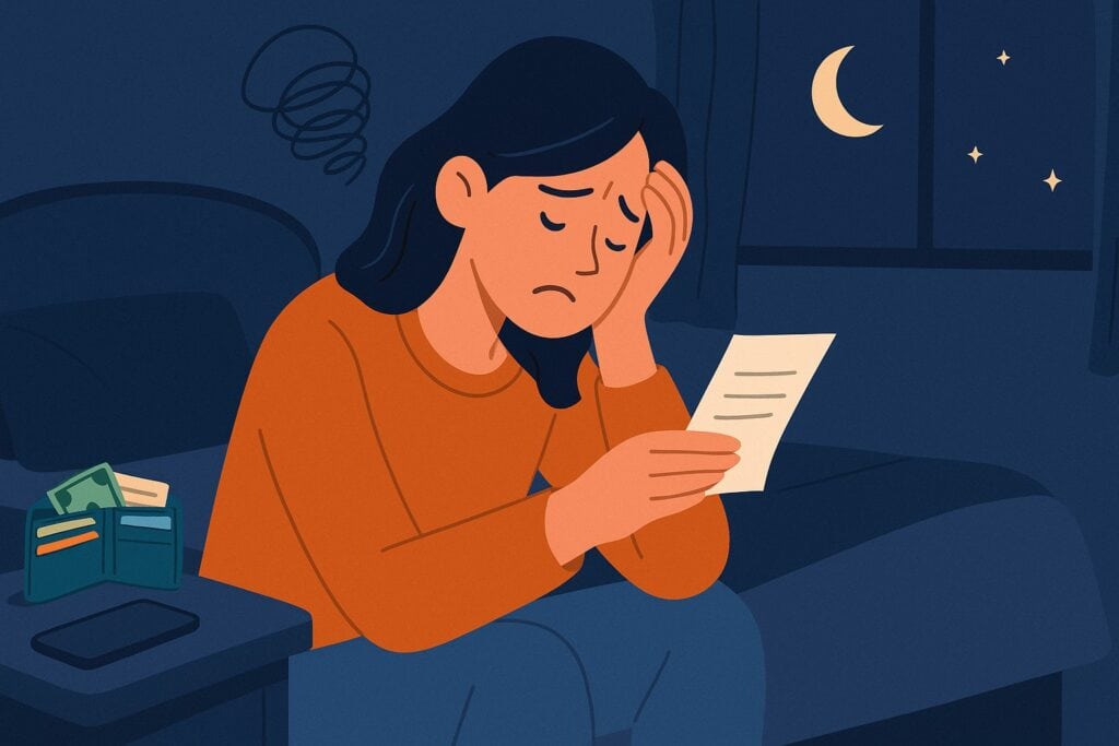 A woman sits on a bed at night, looking worried as she reads a paper. An open wallet with cash and cards lies nearby—a quiet scene hinting at the signs of extreme frugality under the crescent moon outside her window.