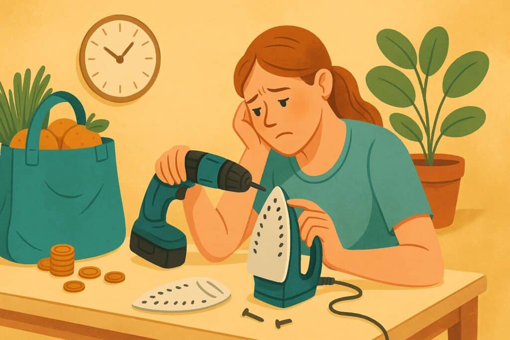 A woman looks frustrated while attempting to repair an iron with a power drill at a table, surrounded by signs of extreme frugality—screws, coins, a plant, a clock, and a grocery bag with potatoes.