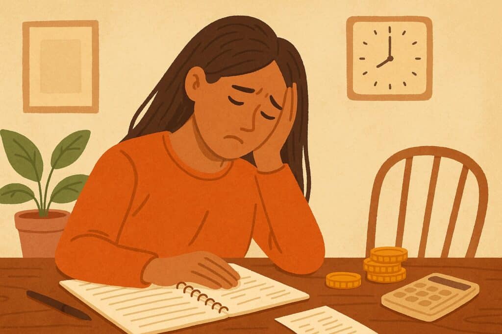 A woman sits at a table with a notebook, receipt, coins, and calculator, holding her head in stress—a scene reflecting the signs of extreme frugality. A clock and plant sit in the background.