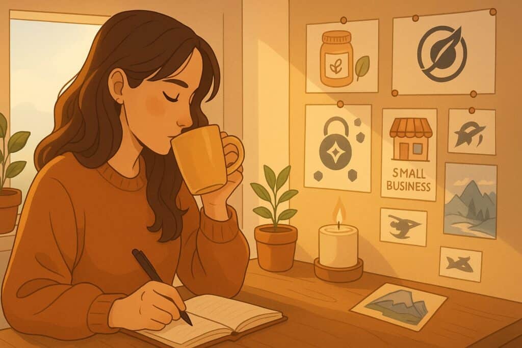 A woman sits at a desk drinking from a mug and writing in a notebook, surrounded by plants, a candle, and business-themed posters on the wall—an inspiring scene for anyone seeking extreme frugality tips.