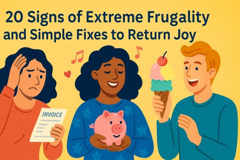 Three people: one worried with an invoice, one smiling with a piggy bank, and one happy with an ice cream cone. Text reads "20 Signs of Extreme Frugality and Simple Fixes to Return Joy"—discover key signs of extreme frugality and how to find balance.