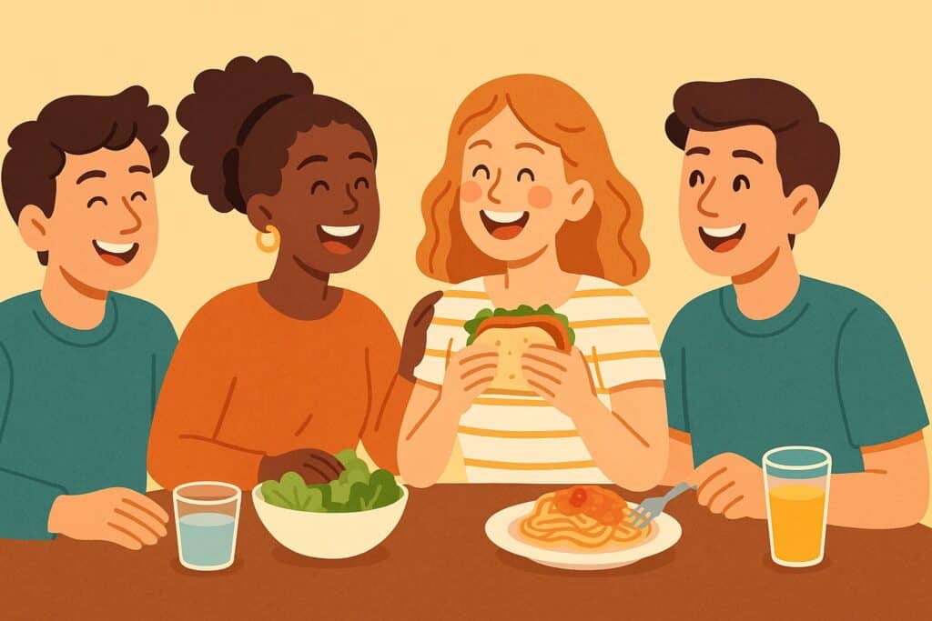 Four people sit at a table sharing a meal, smiling and talking. Practicing extreme frugality, they enjoy homemade salad, spaghetti, and drinks. One person holds a sandwich—a simple delight inspired by extreme frugality tips.