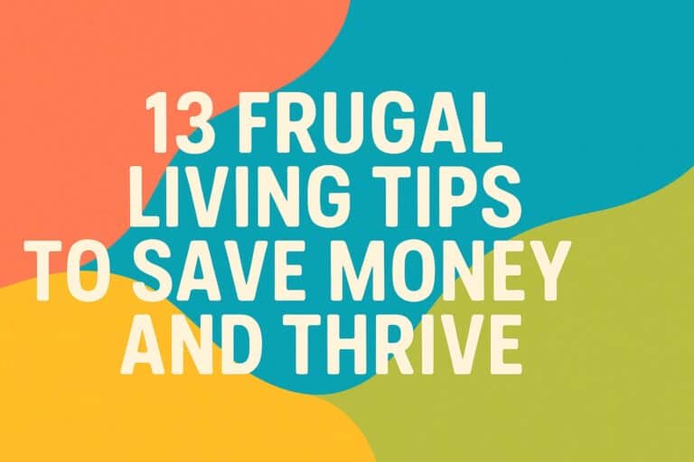 Text on a colorful abstract background reads: "13 Frugal Living Tips to Save Money and thrive.