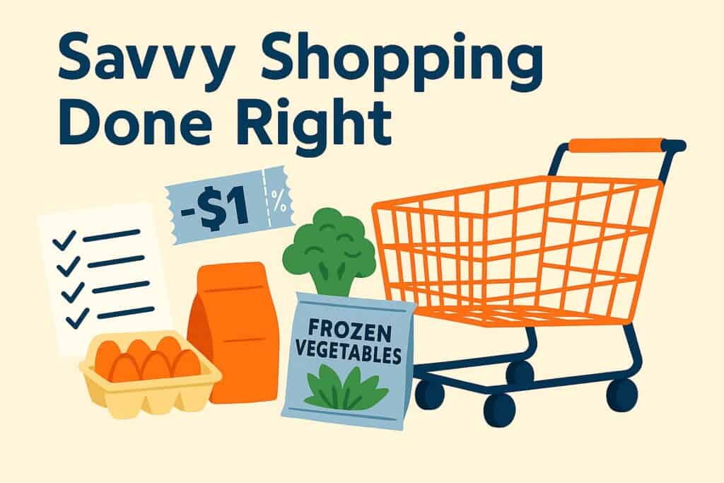 Illustration of a shopping cart, grocery items, a checklist, a $1 coupon, and the text "Savvy Shopping Done Right" on a light background, inspired by Frugal Living Tips to Save Money.