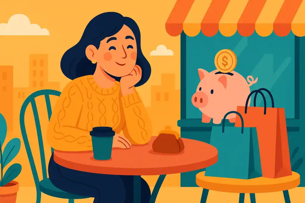 A woman sits at an outdoor café table with a coffee, purse, and shopping bags, while a piggy bank with a coin nearby highlights her frugal habits to save money.